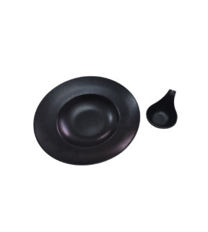 Ensemble élégant comprenant une assiette creuse noire et une petite cuillère assortie, parfait pour vos entrées et amuse-bouches 2 Pièces .